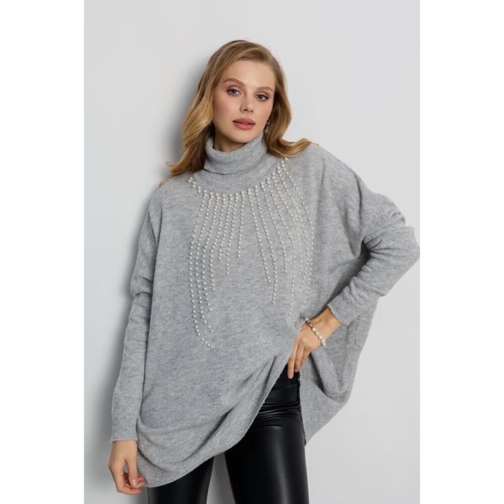 NEW Saachi Faux Pearl Turtleneck Tunic Sweater Gray OS Resortwear Slouchy Glams